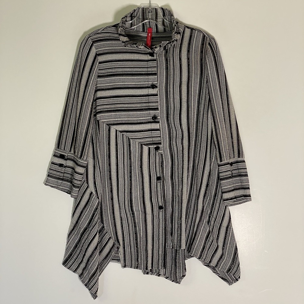 IC by Connie K Top Womens Small White Black Striped Tunic Blouse Lagenlook Artsy